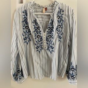 Pilcro Blue and White Striped Embroidered Blouse